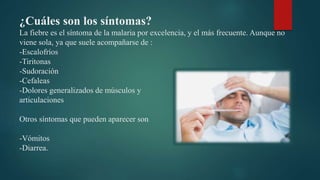 ¿Cuáles son los síntomas?
La fiebre es el síntoma de la malaria por excelencia, y el más frecuente. Aunque no
viene sola, ya que suele acompañarse de :
-Escalofríos
-Tiritonas
-Sudoración
-Cefaleas
-Dolores generalizados de músculos y
articulaciones
Otros síntomas que pueden aparecer son
-Vómitos
-Diarrea.
 