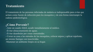 Tratamiento
El tratamiento de las personas infectadas de malaria es indispensable para evitar que
actúen como fuente de infección para los mosquitos y de esta forma interrumpir la
cadena epidemiológica.
¿Cómo Prevenir?
-Ante un cuadro febril, acudir inmediatamente al médico.
-Evitar almacenamiento de aguas.
-Evitar deambular por zonas enmontadas.
- Cerrar su casa a las entradas de los mosquitos, colocar anjeos y aplicar repelente,
así mismo fumigar con insecticidas.
-Mantener un ambiente limpio en su hogar.
 