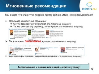Мгновенные рекомендации Мы знаем, что клиенту интересно прямо сейчас. Этим нужно пользоваться! Просмотр конкретной страницы  С этим товаром часто покупают  (9% добавлений в корзину) Те, кто смотрел эту страницу, затем купили   ( 5 % добавлений в корзину) Те, кто искал  ЭКОНОМИКА , купили:   ( 5 % добавлений в корзину) Бестселлеры просматриваемого раздела   ( 4 % добавлений в корзину) Тестирование и оценка всех идей – ключ к успеху! 