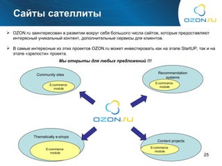 Сайты сателлиты OZON.ru  заинтересован в развитии вокруг себя большого числа сайтов, которые предоставляют интересный уникальный контент, дополнительные сервисы для клиентов. В самые интересные из этих проектов  OZON.ru  может инвестировать как на этапе  StartUP , так и на этапе «зрелости» проекта. Community sites E-commerce  module Recommendation systems E-commerce  module Thematically e-shops E-commerce  module Content projects E-commerce  module Мы открыты для любых предложений !!! 