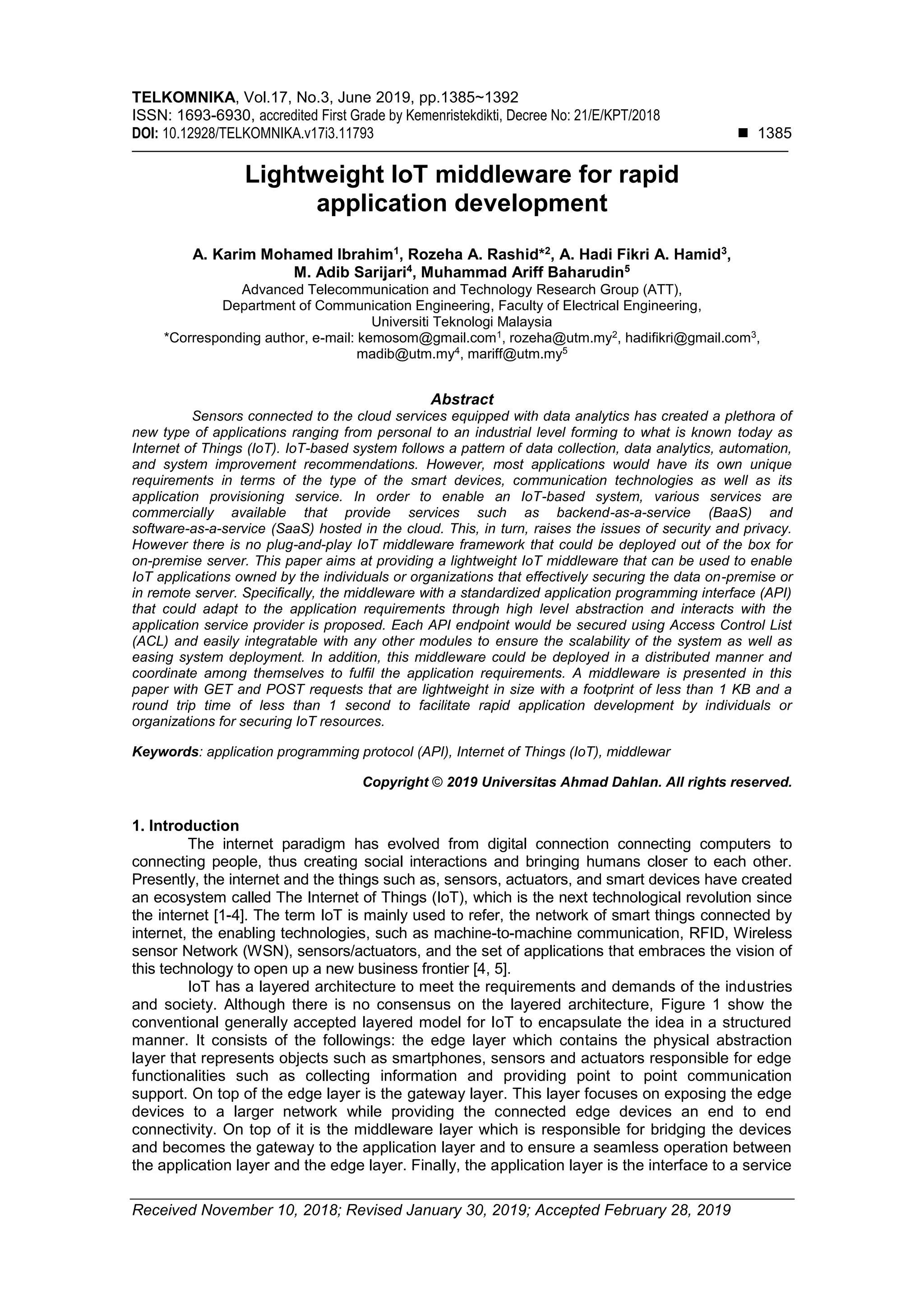 Lightweight IoT middleware for rapid application development | PDF