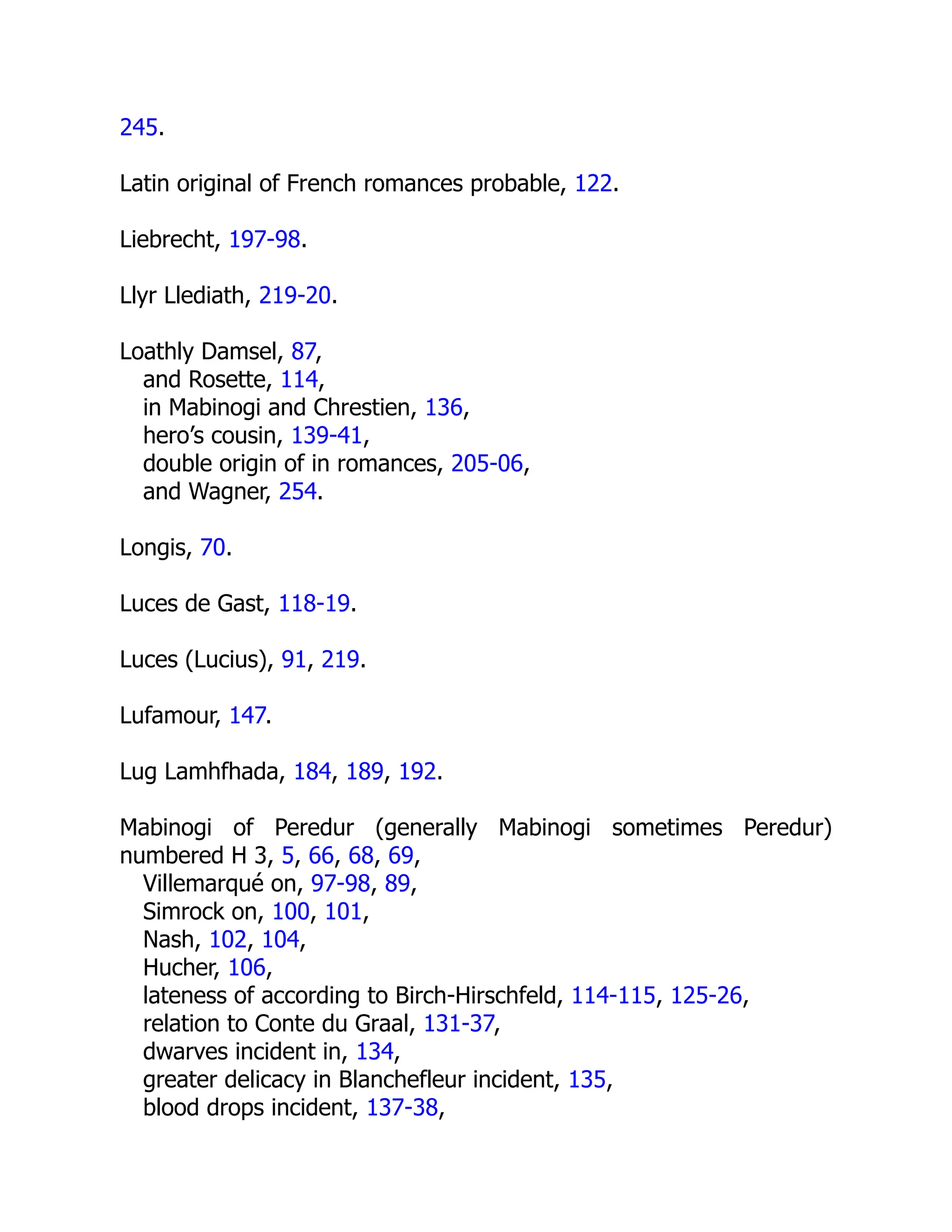 245.
Latin original of French romances probable, 122.
Liebrecht, 197-98.
Llyr Llediath, 219-20.
Loathly Damsel, 87,
and Rosette, 114,
in Mabinogi and Chrestien, 136,
hero’s cousin, 139-41,
double origin of in romances, 205-06,
and Wagner, 254.
Longis, 70.
Luces de Gast, 118-19.
Luces (Lucius), 91, 219.
Lufamour, 147.
Lug Lamhfhada, 184, 189, 192.
Mabinogi of Peredur (generally Mabinogi sometimes Peredur)
numbered H 3, 5, 66, 68, 69,
Villemarqué on, 97-98, 89,
Simrock on, 100, 101,
Nash, 102, 104,
Hucher, 106,
lateness of according to Birch-Hirschfeld, 114-115, 125-26,
relation to Conte du Graal, 131-37,
dwarves incident in, 134,
greater delicacy in Blanchefleur incident, 135,
blood drops incident, 137-38,
 