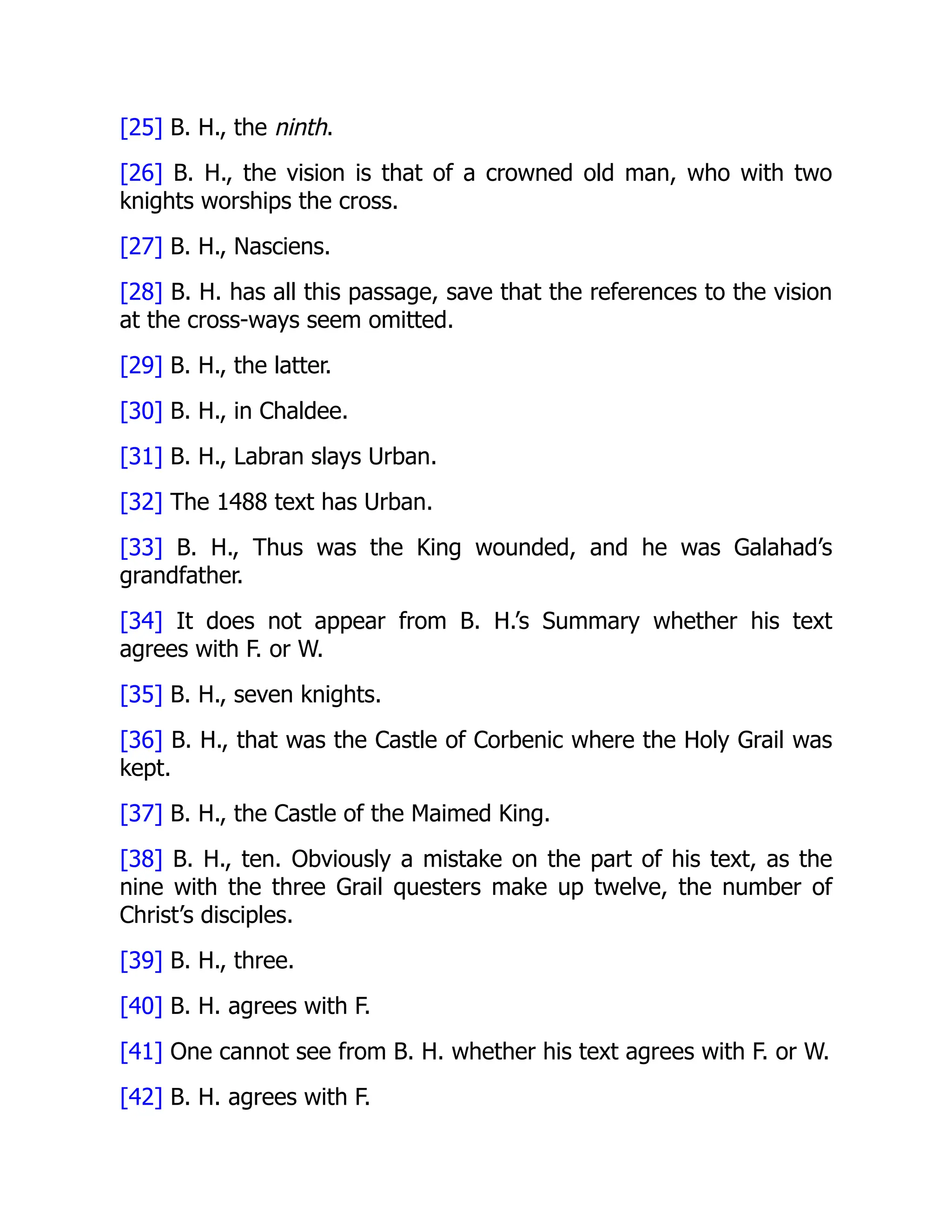 [25] B. H., the ninth.
[26] B. H., the vision is that of a crowned old man, who with two
knights worships the cross.
[27] B. H., Nasciens.
[28] B. H. has all this passage, save that the references to the vision
at the cross-ways seem omitted.
[29] B. H., the latter.
[30] B. H., in Chaldee.
[31] B. H., Labran slays Urban.
[32] The 1488 text has Urban.
[33] B. H., Thus was the King wounded, and he was Galahad’s
grandfather.
[34] It does not appear from B. H.’s Summary whether his text
agrees with F. or W.
[35] B. H., seven knights.
[36] B. H., that was the Castle of Corbenic where the Holy Grail was
kept.
[37] B. H., the Castle of the Maimed King.
[38] B. H., ten. Obviously a mistake on the part of his text, as the
nine with the three Grail questers make up twelve, the number of
Christ’s disciples.
[39] B. H., three.
[40] B. H. agrees with F.
[41] One cannot see from B. H. whether his text agrees with F. or W.
[42] B. H. agrees with F.
 