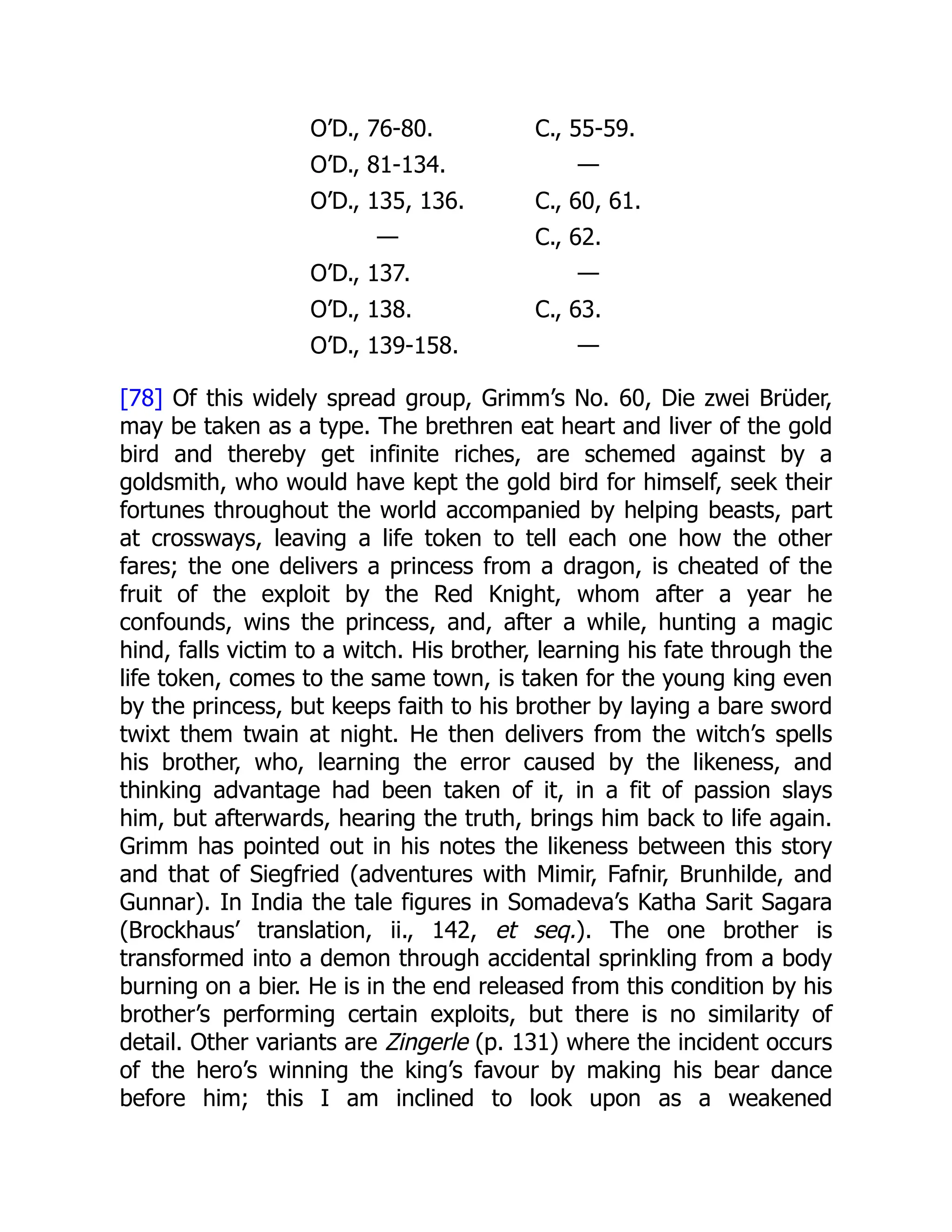 O’D., 76-80. C., 55-59.
O’D., 81-134. —
O’D., 135, 136. C., 60, 61.
— C., 62.
O’D., 137. —
O’D., 138. C., 63.
O’D., 139-158. —
[78] Of this widely spread group, Grimm’s No. 60, Die zwei Brüder,
may be taken as a type. The brethren eat heart and liver of the gold
bird and thereby get infinite riches, are schemed against by a
goldsmith, who would have kept the gold bird for himself, seek their
fortunes throughout the world accompanied by helping beasts, part
at crossways, leaving a life token to tell each one how the other
fares; the one delivers a princess from a dragon, is cheated of the
fruit of the exploit by the Red Knight, whom after a year he
confounds, wins the princess, and, after a while, hunting a magic
hind, falls victim to a witch. His brother, learning his fate through the
life token, comes to the same town, is taken for the young king even
by the princess, but keeps faith to his brother by laying a bare sword
twixt them twain at night. He then delivers from the witch’s spells
his brother, who, learning the error caused by the likeness, and
thinking advantage had been taken of it, in a fit of passion slays
him, but afterwards, hearing the truth, brings him back to life again.
Grimm has pointed out in his notes the likeness between this story
and that of Siegfried (adventures with Mimir, Fafnir, Brunhilde, and
Gunnar). In India the tale figures in Somadeva’s Katha Sarit Sagara
(Brockhaus’ translation, ii., 142, et seq.). The one brother is
transformed into a demon through accidental sprinkling from a body
burning on a bier. He is in the end released from this condition by his
brother’s performing certain exploits, but there is no similarity of
detail. Other variants are Zingerle (p. 131) where the incident occurs
of the hero’s winning the king’s favour by making his bear dance
before him; this I am inclined to look upon as a weakened
 