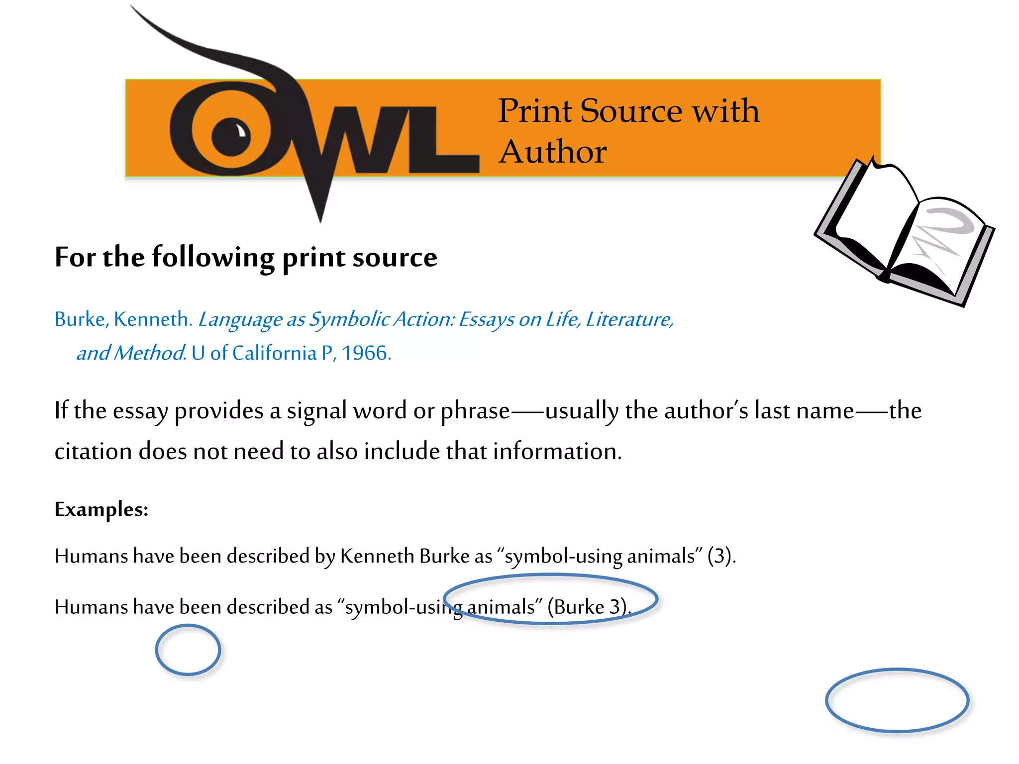 Print Source with
Author
Forthe following print source
Burke,Kenneth.LanguageasSymbolicAction:EssaysonLife,Literature,
andMethod.U ofCaliforniaP, 1966.
If the essay provides a signal word orphrase—usually the author’s last name—the
citation does notneed to also include that information.
Examples:
Humanshavebeen describedbyKennethBurkeas“symbol-usinganimals”(3).
Humanshavebeen describedas “symbol-usinganimals”(Burke 3).
 