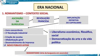 1. ROMANTISMO – CONTEXTO SOCIAL
ASCENSÃO
DA
BURGUESIA
REVOLUÇÃO
FRANCESA
IMPLANTAÇÃO
DEFINITIVA
DO CAPITALISMO
– Livre concorrência
– 1ª Revolução Industrial – Liberalismo econômico, filosófico,
social
– Democratização da arte e da vida
política
– Criação de escolas
– Alfabetização geral
– Desenvolvimento da imprensa
 NOVO PÚBLICO LEITOR
ROMANTISMO (Arte da burguesia em ascensão)
ERA NACIONAL
6
 