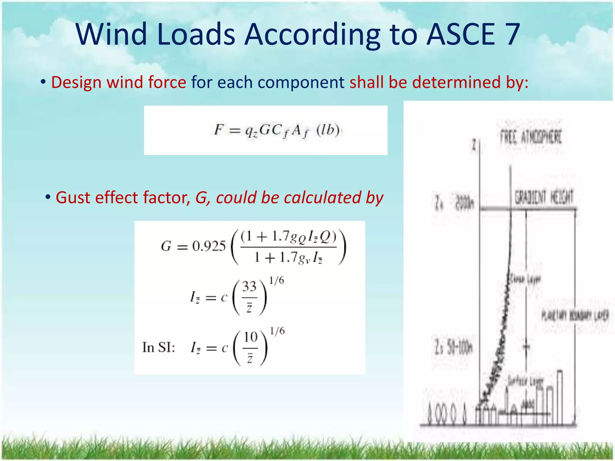 Wind Loads According to ASCE 7
• Design wind force for each component shall be determined by:
• Gust effect factor, G, could be calculated by
 