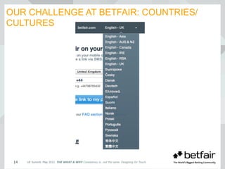 OUR CHALLENGE AT BETFAIR: COUNTRIES/
CULTURES
UE Summit. May 2012. THE WHAT & WHY Consistency is…not the same. Designing for Touch.14
 