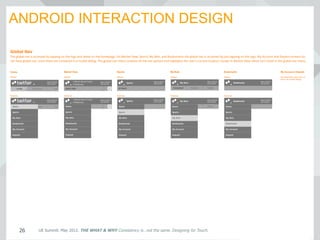 UE Summit. May 2012. THE WHAT & WHY Consistency is…not the same. Designing for Touch.26
ANDROID INTERACTION DESIGN
 