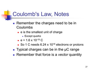 27
Coulomb's Law, Notes
 Remember the charges need to be in
Coulombs
 e is the smallest unit of charge
 Except quarks
 e = 1.6 x 10-19 C
 So 1 C needs 6.24 x 1018 electrons or protons
 Typical charges can be in the µC range
 Remember that force is a vector quantity
 