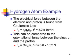 32
Hydrogen Atom Example
 The electrical force between the
electron and proton is found from
Coulomb’s Law
 Fe = keq1q2 / r2 = 8.2 x 10-8 N
 This can be compared to the
gravitational force between the electron
and the proton
 Fg = Gmemp / r2 = 3.6 x 10-47 N
 