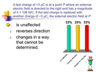 44
A test charge of +3 μC is at a point P where an external
electric field is directed to the right and has a magnitude
of 4 × 106 N/C. If the test charge is replaced with
another charge of −3 μC, the external electric field at P
i
s
u
n
a
f
f
e
c
t
e
d
r
e
v
e
r
s
e
s
d
i
r
e
c
t
i
o
n
c
h
a
n
g
e
s
i
n
a
w
a
y
t
h
a
.
.
.
33% 33%
33%
1. is unaffected
2. reverses direction
3. changes in a way
that cannot be
determined.
10
 