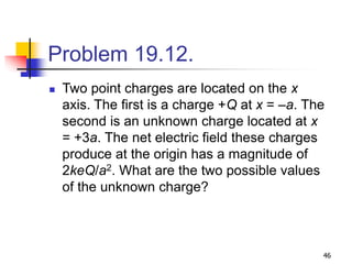 46
Problem 19.12.
 Two point charges are located on the x
axis. The first is a charge +Q at x = –a. The
second is an unknown charge located at x
= +3a. The net electric field these charges
produce at the origin has a magnitude of
2keQ/a2. What are the two possible values
of the unknown charge?
 
