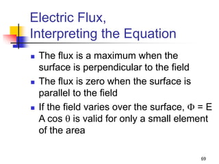 69
Electric Flux,
Interpreting the Equation
 The flux is a maximum when the
surface is perpendicular to the field
 The flux is zero when the surface is
parallel to the field
 If the field varies over the surface, F = E
A cos q is valid for only a small element
of the area
 
