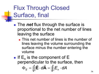 74
Flux Through Closed
Surface, final
 The net flux through the surface is
proportional to the net number of lines
leaving the surface
 This net number of lines is the number of
lines leaving the volume surrounding the
surface minus the number entering the
volume
 If En is the component of E
perpendicular to the surface, then
E n
d E dA
F    
 
E A
 