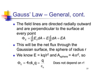 77
Gauss’ Law – General, cont.
 The field lines are directed radially outward
and are perpendicular to the surface at
every point
 This will be the net flux through the
Gaussian surface, the sphere of radius r
 We know E = kq/r2 and Asphere = 4pr2, so
E n
E dA E dA EA
F   
 
o
e
E
q
q
k
4
e

p

F Does not depend on r!
 