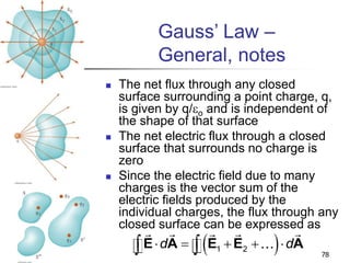 78
Gauss’ Law –
General, notes
 The net flux through any closed
surface surrounding a point charge, q,
is given by q/eo and is independent of
the shape of that surface
 The net electric flux through a closed
surface that surrounds no charge is
zero
 Since the electric field due to many
charges is the vector sum of the
electric fields produced by the
individual charges, the flux through any
closed surface can be expressed as
 
1 2
d d
    
 
E A E E A
 