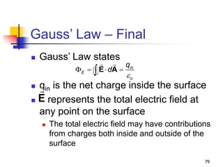 79
Gauss’ Law – Final
 Gauss’ Law states
 qin is the net charge inside the surface
 represents the total electric field at
any point on the surface
 The total electric field may have contributions
from charges both inside and outside of the
surface
in
E
o
q
d
e
F   
E A
E
 