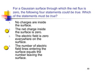 80
For a Gaussian surface through which the net flux is
zero, the following four statements could be true. Which
of the statements must be true?
1. No charges are inside
the surface.
2. The net charge inside
the surface is zero.
3. The electric field is zero
everywhere on the
surface.
4. The number of electric
field lines entering the
surface equals the
number leaving the
surface.
 