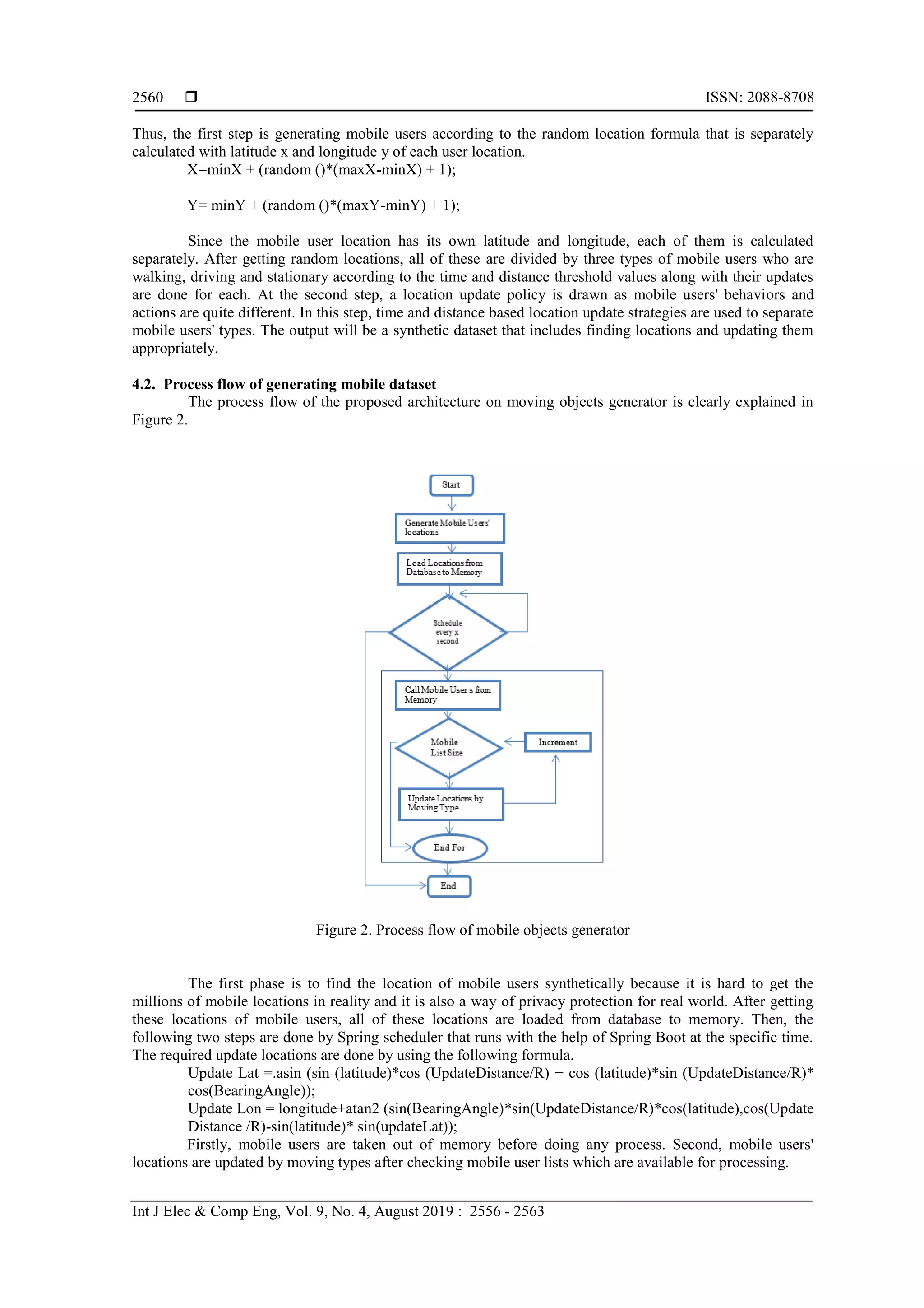  ISSN: 2088-8708
Int J Elec & Comp Eng, Vol. 9, No. 4, August 2019 : 2556 - 2563
2560
Thus, the first step is generating mobile users according to the random location formula that is separately
calculated with latitude x and longitude y of each user location.
X=minX + (random ()*(maxX-minX) + 1);
Y= minY + (random ()*(maxY-minY) + 1);
Since the mobile user location has its own latitude and longitude, each of them is calculated
separately. After getting random locations, all of these are divided by three types of mobile users who are
walking, driving and stationary according to the time and distance threshold values along with their updates
are done for each. At the second step, a location update policy is drawn as mobile users' behaviors and
actions are quite different. In this step, time and distance based location update strategies are used to separate
mobile users' types. The output will be a synthetic dataset that includes finding locations and updating them
appropriately.
4.2. Process flow of generating mobile dataset
The process flow of the proposed architecture on moving objects generator is clearly explained in
Figure 2.
Figure 2. Process flow of mobile objects generator
The first phase is to find the location of mobile users synthetically because it is hard to get the
millions of mobile locations in reality and it is also a way of privacy protection for real world. After getting
these locations of mobile users, all of these locations are loaded from database to memory. Then, the
following two steps are done by Spring scheduler that runs with the help of Spring Boot at the specific time.
The required update locations are done by using the following formula.
Update Lat =.asin (sin (latitude)*cos (UpdateDistance/R) + cos (latitude)*sin (UpdateDistance/R)*
cos(BearingAngle));
Update Lon = longitude+atan2 (sin(BearingAngle)*sin(UpdateDistance/R)*cos(latitude),cos(Update
Distance /R)-sin(latitude)* sin(updateLat));
Firstly, mobile users are taken out of memory before doing any process. Second, mobile users'
locations are updated by moving types after checking mobile user lists which are available for processing.
 
