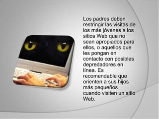 Los padres deben restringir las visitas de los más jóvenes a los sitios Web que no sean apropiados para ellos, o aquellos que les pongan en contacto con posibles depredadores en línea. Es recomendable que orienten a sus hijos más pequeños cuando visiten un sitio Web. 	