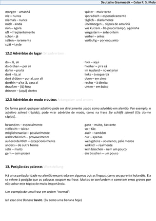 Deutsche Grammatik – Celso R. S. Melo
morgen – amanhã
nie – nunca
niemals – nunca
noch - ainda
nun – agora
oft – freqüentemente
schon - já
selten – raramente
spät – tarde
später – mais tarde
sporadisch – esporadicamente
täglich – diariamente
übermorgen – depois de amanhã
vor kurzem – há pouco tempo, agorinha
vorgestern – ante ontem
vorher – antes
vorläufig – por enquanto
12.2 Advérbios de lugar Ortsadverbien
da – lá, ali
da drüben – por ali
dahin – pra lá
dort – lá, aí
dort drüben – por aí, por ali
dorthin – p’ra lá, para aí
draußen – (lá) fora
drinnen – (aqui) dentro
hier – aqui
hierher – p’ra cá
im Ausland – no exterior
links – à esquerda
oben – em cima
rechts – à direita
unten – em baixo
12.3 Advérbios de modo e outros Artangaben und anders
De forma geral, qualquer adjetivo pode ser diretamente usado como advérbio em alemão. Por exemplo, o
adjetivo schnell (rápido), pode virar advérbio de modo, como na frase Sie schläft schnell (Ela dorme
rápido).
besonders – especialmente
vielleicht – talvez
möglicherweise – possivelmente
wahrscheinlich – provavelmente
außerordentlich – excepcionalmente
anders – de outra forma
sehr – muito
gern – com prazer
ganz – muito, bastante
so – tão
auch – também
nur – apenas
wenigstens – ao menos, pelo menos
wirklich – realmente
kein bisschen – nem um pouco
ein bisschen – um pouco
13. Posição das palavras Wortstellung
Há uma particularidade no alemão encontrada em algumas outras línguas, como seu parente holandês. Ela
se refere à posição que as palavras ocupam na frase. Muitos se confundem e cometem erros graves por
não achar este tópico de muita importância.
Um exemplo de uma frase em ordem “normal”:
Ich esse eine Banane heute. (Eu como uma banana hoje)
 