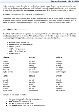 Deutsche Grammatik – Celso R. S. Melo
Porém no alemão essa ordem não tem caráter informal, ela provavelmente soaria muito estranha a um
ouvido nativo. Como temos na frase um advérbio (heute), a tendência da língua é sempre pô-lo no começo
da frase. Com isso, o advérbio sempre puxa o verbo para perto de si. Observe esse conceito na prática:
Heute esse ich eine Banane. (lit. Hoje como eu uma banana.)
Em primeiro lugar veio o advérbio, que “puxou” para junto de si o verbo essen. Apesar da diferença com
relação à frase portuguesa, a segunda forma soaria perfeitamente normal em alemão. Estudemos agora os
verbos modais para entendermos a segunda parte da diferença na posição das palavras em alemão.
14. Verbos modais Modalverben
Os verbos modais são verbos especiais nas línguas germânicas. Há diferença na sua conjugação com
relação aos outros verbos da língua. Mais particularmente em alemão, no qual possuem características
peculiares no particípio perfeito, porém isso é matéria para mais adiante. São eles:
können - poder, ser capaz de
dürfen - poder, ter permissão para
mögen - gostar
müßen - ter que, dever
sollen - dever, haver que
wollen - querer
KÖNNEN DÜRFEN MÖGEN
ich kann ich darf ich mag
du kannst du darfst du magst
er kann er darf er mag
wir können wir dürfen wir mögen
ihr könnt ihr dürft ihr mögt
sie/Sie können sie/Sie dürfen sie/Sie mögen
MüßEN SOLLEN WOLLEN
ich muß ich soll ich will
du mußt du sollst du willlst
er muß er soll er will
wir müßen wir sollen wir wollen
ihr müßt ihr sollt ihr wollt
sie/Sie müßen sie/Sie sollen sie/Sie wollen
Exemplos de frases com os modais:
Ich kann nicht schlafen. (Eu não consigo dormir)
Darf ich essen? (Posso comer?)
Ich will nicht gehen. (Eu não quero ir)
Sie sollen kommen. (Eles hão de vir/eles devem vir)
 