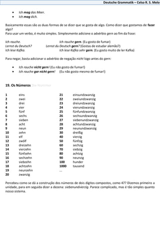 Deutsche Grammatik – Celso R. S. Melo
Ich mag das Meer.
Ich mag dich.
Basicamente essas são as duas formas de se dizer que se gosta de algo. Como dizer que gostamos de fazer
algo?
Para usar um verbo, é muito simples. Simplesmente adicione o advérbio gern ao fim da frase:
Ich rauche. Ich rauche gern. (Eu gosto de fumar)
Lernst du Deutsch? Lernst du Deutsch gern? (Gostas de estudar alemão?)
Ich lese Kafka. Ich lese Kafka sehr gern. (Eu gosto muito de ler Kafka)
Para negar, basta adicionar o advérbio de negação nicht logo antes do gern:
Ich rauche nicht gern! (Eu não gosto de fumar!)
Ich rauche gar nicht gern! (Eu não gosto mesmo de fumar!)
19. Os Números Die Nummer
1 eins 21 einsundzwanzig
2 zwei 22 zweiundzwanzig
3 drei 23 dreiundzwanzig
4 vier 24 vierundzwanzig
5 fünf 25 fünfundzwanzig
6 sechs 26 sechsundzwanzig
7 sieben 27 siebenundzwanzig
8 acht 28 achtundzwanzig
9 neun 29 neunundzwanzig
10 zehn 30 dreißig
11 elf 40 vierzig
12 zwölf 50 fünfzig
13 dreizehn 60 sechzig
14 vierzehn 70 siebzig
15 fünfzehn 80 achtzig
16 sechzehn 90 neunzig
17 siebzehn 100 hunder
18 achtzehn 1000 tausend
19 neunzehn ...
20 zwanzig
Percebeu como se dá a construção dos números de dois dígitos compostos, como 47? Dizemos primeiro a
unidade, para em seguida dizer a dezena: siebenundvierzig. Parece complicado, mas é tão simples quanto
nosso sistema.
 