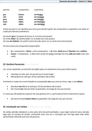Deutsche Grammatik – Celso R. S. Melo
positivo comparativo superlativo
gut besser am besten
viel mehr am meisten
gern lieber am liebsten
hoch höher am höchsten
nah näher am nächsten
Vimos que gern é um advérbio que serve para denotar gosto. No comparativo e superlativo, ele pode ser
usado para denotar preferência:
Ich rauche gern. (Eu gosto de fumar, lit. eu fumo com prazer)
Ich trinke lieber. (Eu prefiro beber, lit. eu bebo com mais prazer)
Ich esse am liebsten. (Eu prefiro acima de tudo comer, lit. eu como com maior prazer)
Formas comuns do comparativo (expressões):
Je + comparativo + desto + outro comparativo Je mehr, desto besser (Quanto mais, melhor)
Immer + comparativo Ohne dich werde ich immer trauriger (Eu fico cada vez mais triste sem
você)
22. Genitivo Possessivo Possessivgenitiv
Um -s (sem apóstrofo, ao contrário do inglês) após um substantivo serve para indicar posse:
Leos Haus ist sehr weit. (A casa de Leo é muito longe)
Marias Buch ist nicht gut. (O livro de Maria não é bom)
Entretanto é usada com muita freqüência a preposição von, que como já vimos, rege o caso dativo:
Das Buch von Maria ist nicht gut. (O livro de Maria não é bom)
Der Freund von meinem Vater ist gestorben. (O amigo de meu pai morreu)
E é claro que não podemos esquecer do caso genitivo em si, cuja função primeira é demonstrar posse:
Der beste Freund meines Vaters ist gestorben. (O amigo de meu pai morreu)
23. Introdução aos Verbos Einführung an den Verben
Os verbos alemães obedecem a uma vasta série de particularidades, o que exige muito de nossa atenção
logo aqui no começo do estudo. Lembrando mais uma vez a marcação que virá logo após cada verbo
apresentado indicando qual caso ele governa.
 