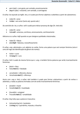 Deutsche Grammatik – Celso R. S. Melo
gern [adv] = com gosto, por vontade, prazeirosamente
ungern [adv] = relutante, sem vontade, a contragosto
O sufixo -los equivale ao inglês -less, e é usado para formar adjetivos e advérbios a partir de substantivos:
Liebe [f] = amor
lieblos = sem amor [tanto adj. quanto adv.]
Ao contrário do -los, o sufixo -voll é usado para indicar presença de algo (lit. cheio de):
Liebe [f] = amor
liebevoll = amoroso, carinhoso, amorosamente, carinhosamente
Adiciona-se o sufixo -haft quando se quer designar qualidades relacionadas:
Fabel [f] = fábula
fabelhaft = fabuloso, maravilhosamente
O sufixo -ung, adicionada a um adjetivo ou verbo, forma uma palavra que será sempre feminina (esta é
uma útil regra de identificação do gênero de nomes):
heilen = curar
Heilung [f] = cura
O sufixo -heit é usado da mesma forma que o -ung, e também forma palavras que serão invariavelmente
femininas:
falsch = falso
Falschheit [f] = falsidade
verschieden = diferente, diverso
Verschiedenheit [f] = diferença
Assim com -ung e -heit, o sufixo -keit também é usado para formar substantivos a partir de verbos e
advérbios, e todas as palavras formadas com ele serão invariavelmente femininas:
feindlich = hostil
Feindlichkeit [f] = hostilidade
freundlich = amigável
Freundlichkeit [f] = amabilidade
O sufixo -ling indica que a palavra é masculina:
Schmetterling [m] = borboleta
Liebling [m] = queridinho, mascote, o favorito
 
