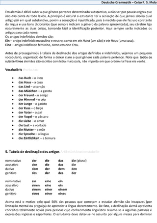 Deutsche Grammatik – Celso R. S. Melo
Em alemão é difícil saber a que gênero pertence determinado substantivo, a não ser por poucas regras que
não dão conta de todo léxico. A princípio é natural o estudante ter a sensação de que jamais saberá qual
artigo pôr em qual substantivo, porém a sensação é injustificada, pois à medida que ele faz uso constante
da língua e usa bons dicionários (que sempre indicam o gênero da palavra apresentada), seu cérebro liga
naturalmente as duas coisas, tornando fácil a identificação posterior. Aqui sempre serão indicados os
artigos para cada nome.
Os artigos indefinidos alemães são:
Ein – artigo indefinido masculino e neutro, como em ein Hund (um cão) e ein Haus (uma casa).
Eine – artigo indefinido feminino, como em eine Frau.
Antes de prosseguirmos à tabela de declinação dos artigos definidos e indefinidos, vejamos um pequeno
vocabulário, organizado de forma a deixar claro a qual gênero cada palavra pertence. Note que todos os
substantivos alemães são escritos com letra maiúscula, não importa em que ordem na frase ele venha.
Vocabulário Wortschatz
das Buch – o livro
das Haus – a casa
das Lied – a canção
das Mädchen – a garota
der Freund – o amigo
der Himmel – o céu
der Junge – o garoto
der Kuss – o beijo
der Vater – o pai
der Vogel – o pássaro
die Liebe – o amor
die Lust – a vontade
die Mutter – a mãe
die Sprache – a língua
die Zärtlichkeit – a ternura
5. Tabela de declinação dos artigos Artikeldeklinationstabelle
nominativo der die das die (plural)
acusativo den die das die
dativo dem der dem den
genitivo des der des der
nominativo ein eine ein
acusativo einen eine ein
dativo einem einer einem
genitivo eines einer eines
Acima está o motivo pelo qual 50% das pessoas que começam a estudar alemão são incapazes (por
limitação mental ou preguiça) de aprender a língua decentemente. De fato, a declinação alemã apresenta
conceitos totalmente novos para pessoas cujo conhecimento lingüístico resume-se a algumas palavras e
expressões inglesas e espanholas. O estudante deve deter-se no assunto por alguns meses para dominar
 