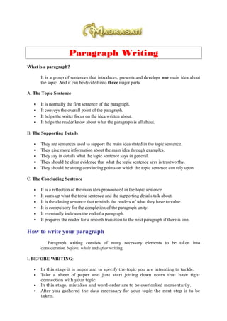 Paragraph Writing
What is a paragraph?
It is a group of sentences that introduces, presents and develops one main idea about
the topic. And it can be divided into three major parts.
A. The Topic Sentence
• It is normally the first sentence of the paragraph.
• It conveys the overall point of the paragraph.
• It helps the writer focus on the idea written about.
• It helps the reader know about what the paragraph is all about.
B. The Supporting Details
• They are sentences used to support the main idea stated in the topic sentence.
• They give more information about the main idea through examples.
• They say in details what the topic sentence says in general.
• They should be clear evidence that what the topic sentence says is trustworthy.
• They should be strong convincing points on which the topic sentence can rely upon.
C. The Concluding Sentence
• It is a reflection of the main idea pronounced in the topic sentence.
• It sums up what the topic sentence and the supporting details talk about.
• It is the closing sentence that reminds the readers of what they have to value.
• It is compulsory for the completion of the paragraph unity.
• It eventually indicates the end of a paragraph.
• It prepares the reader for a smooth transition to the next paragraph if there is one.
How to write your paragraph
Paragraph writing consists of many necessary elements to be taken into
consideration before, while and after writing.
I. BEFORE WRITING:
• In this stage it is important to specify the topic you are intending to tackle.
• Take a sheet of paper and just start jotting down notes that have tight
connection with your topic.
• In this stage, mistakes and word-order are to be overlooked momentarily.
• After you gathered the data necessary for your topic the next step is to be
taken.
 