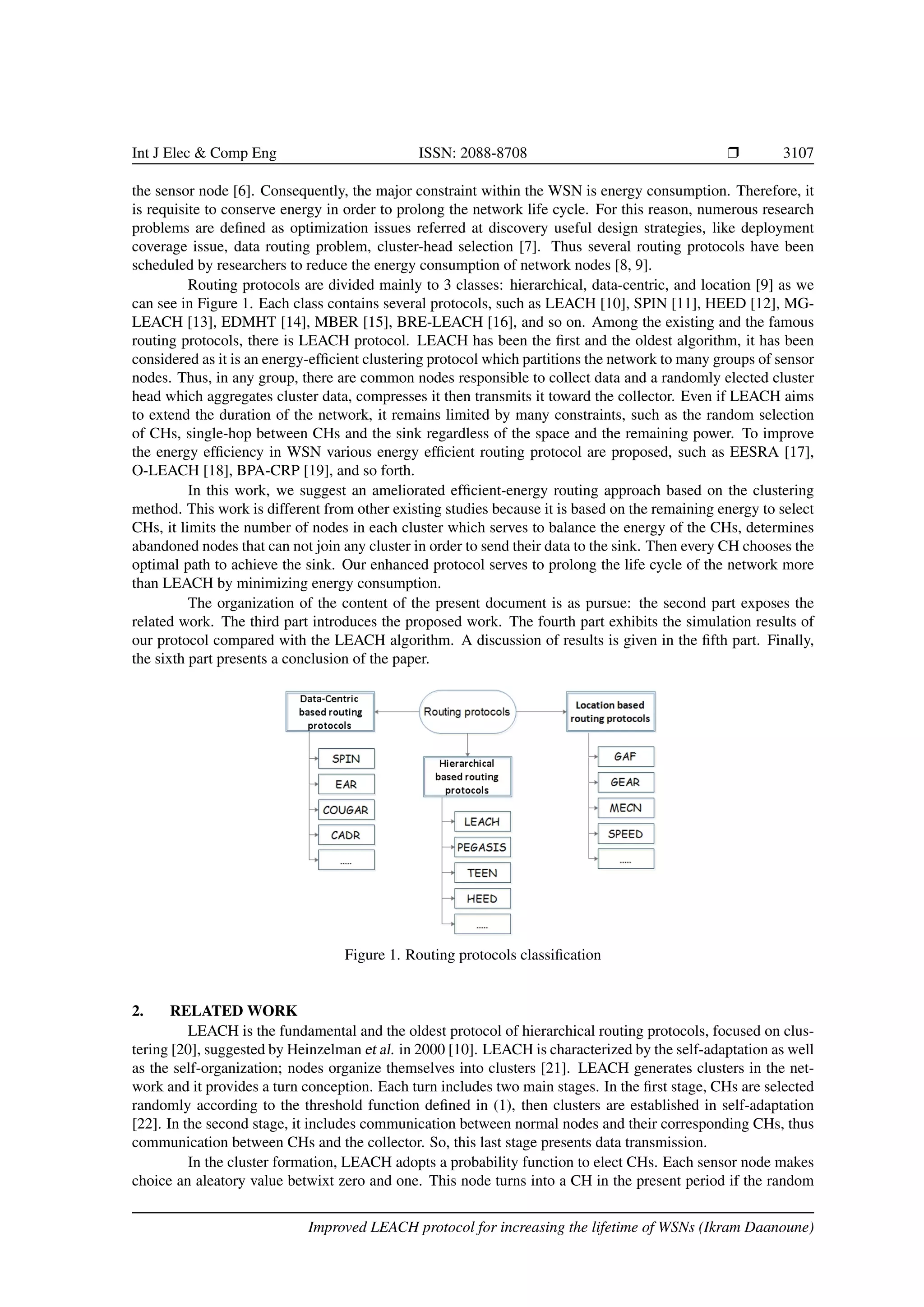 Int J Elec & Comp Eng ISSN: 2088-8708 r 3107
the sensor node [6]. Consequently, the major constraint within the WSN is energy consumption. Therefore, it
is requisite to conserve energy in order to prolong the network life cycle. For this reason, numerous research
problems are defined as optimization issues referred at discovery useful design strategies, like deployment
coverage issue, data routing problem, cluster-head selection [7]. Thus several routing protocols have been
scheduled by researchers to reduce the energy consumption of network nodes [8, 9].
Routing protocols are divided mainly to 3 classes: hierarchical, data-centric, and location [9] as we
can see in Figure 1. Each class contains several protocols, such as LEACH [10], SPIN [11], HEED [12], MG-
LEACH [13], EDMHT [14], MBER [15], BRE-LEACH [16], and so on. Among the existing and the famous
routing protocols, there is LEACH protocol. LEACH has been the first and the oldest algorithm, it has been
considered as it is an energy-efficient clustering protocol which partitions the network to many groups of sensor
nodes. Thus, in any group, there are common nodes responsible to collect data and a randomly elected cluster
head which aggregates cluster data, compresses it then transmits it toward the collector. Even if LEACH aims
to extend the duration of the network, it remains limited by many constraints, such as the random selection
of CHs, single-hop between CHs and the sink regardless of the space and the remaining power. To improve
the energy efficiency in WSN various energy efficient routing protocol are proposed, such as EESRA [17],
O-LEACH [18], BPA-CRP [19], and so forth.
In this work, we suggest an ameliorated efficient-energy routing approach based on the clustering
method. This work is different from other existing studies because it is based on the remaining energy to select
CHs, it limits the number of nodes in each cluster which serves to balance the energy of the CHs, determines
abandoned nodes that can not join any cluster in order to send their data to the sink. Then every CH chooses the
optimal path to achieve the sink. Our enhanced protocol serves to prolong the life cycle of the network more
than LEACH by minimizing energy consumption.
The organization of the content of the present document is as pursue: the second part exposes the
related work. The third part introduces the proposed work. The fourth part exhibits the simulation results of
our protocol compared with the LEACH algorithm. A discussion of results is given in the fifth part. Finally,
the sixth part presents a conclusion of the paper.
Figure 1. Routing protocols classification
2. RELATED WORK
LEACH is the fundamental and the oldest protocol of hierarchical routing protocols, focused on clus-
tering [20], suggested by Heinzelman et al. in 2000 [10]. LEACH is characterized by the self-adaptation as well
as the self-organization; nodes organize themselves into clusters [21]. LEACH generates clusters in the net-
work and it provides a turn conception. Each turn includes two main stages. In the first stage, CHs are selected
randomly according to the threshold function defined in (1), then clusters are established in self-adaptation
[22]. In the second stage, it includes communication between normal nodes and their corresponding CHs, thus
communication between CHs and the collector. So, this last stage presents data transmission.
In the cluster formation, LEACH adopts a probability function to elect CHs. Each sensor node makes
choice an aleatory value betwixt zero and one. This node turns into a CH in the present period if the random
Improved LEACH protocol for increasing the lifetime of WSNs (Ikram Daanoune)
 