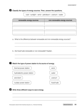 ASSESSMENT
6 Classify the types of energy sources. Then, answer the questions.
coal – sunlight – wind – petroleum – uranium – water
renewable energy sources non-renewable energy sources
a. What is the difference between renewable and non-renewable energy sources?
b. Are fossil fuels renewable or non-renewable? Explain.
7 Match the type of power station to its source of energy.
thermal power station wind
hydroelectric power station water
wind farm uranium
nuclear power station fossil fuels
8 Write three different ways to save energy.
Natural Science 3
Photocopiable material © 2014 Santillana Educación, S.L./Richmond Publishing 99
 