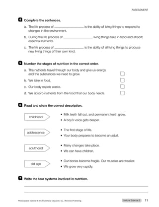 4 Complete the sentences.
a. The life process of is the ability of living things to respond to
changes in the environment.
b. During the life process of living things take in food and absorb
essential nutrients.
c. The life process of is the ability of all living things to produce
new living things of their own kind.
5 Number the stages of nutrition in the correct order.
a. The nutrients travel through our body and give us energy
and the substances we need to grow.
b. We take in food.
c. Our body expels waste.
d. We absorb nutrients from the food that our body needs.
6 Read and circle the correct description.
t .JMLUFFUIGBMMPVU BOEQFSNBOFOUUFFUIHSPX
t CPZTWPJDFHFUTEFFQFS
t 5IFGJSTUTUBHFPGMJGF
t :PVSCPEZQSFQBSFTUPCFDPNFBOBEVMU
t .BOZDIBOHFTUBLFQMBDF
t 8FDBOIBWFDIJMESFO
t 0VSCPOFTCFDPNFGSBHJMF0VSNVTDMFTBSFXFBLFS
t 8FHSPXWFSZSBQJEMZ
7 Write the four systems involved in nutrition.
adolescence
adulthood
old age
childhood
Natural Science 3
Photocopiable material © 2014 Santillana Educación, S.L./Richmond Publishing 11
4444./5
 