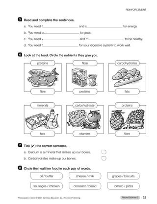 REINFORCEMENT
5 Read and complete the sentences.
a. You need f and c for energy.
b. You need p to grow.
c. You need v and m to be healthy.
d. You need f for your digestive system to work well.
6 Look at the food. Circle the nutrients they give you.
7 Tick (✔) the correct sentence.
a. Calcium is a mineral that makes up our bones.
b. Carbohydrates make up our bones.
8 Circle the healthier food in each pair of words.
oil / butter cheese / milk grapes / biscuits
sausages / chicken croissant / bread tomato / pizza
proteins
minerals
fibre
carbohydrates
carbohydrates
proteins
fibre
fats
proteins
vitamins
fats
fibre
Natural Science 3
Photocopiable material © 2014 Santillana Educación, S.L./Richmond Publishing 23
 
