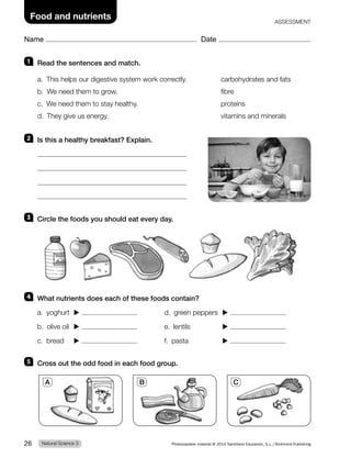 Name Date
Food and nutrients ASSESSMENT
1 Read the sentences and match.
a. This helps our digestive system work correctly. carbohydrates and fats
b. We need them to grow. fibre
c. We need them to stay healthy. proteins
d. They give us energy. vitamins and minerals
2 Is this a healthy breakfast? Explain.
3 Circle the foods you should eat every day.
4 What nutrients does each of these foods contain?
a. yoghurt ▶ d. green peppers ▶
b. olive oil ▶ e. lentils ▶
c. bread ▶ f. pasta ▶
5 Cross out the odd food in each food group.
A B C
Natural Science 3
26 Photocopiable material © 2014 Santillana Educación, S.L./Richmond Publishing
 