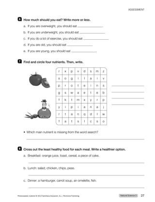 ASSESSMENT
6 How much should you eat? Write more or less.
a. If you are overweight, you should eat .
b. If you are underweight, you should eat .
c. If you do a lot of exercise, you should eat .
d. If you are old, you should eat .
e. If you are young, you should eat .
7 Find and circle four nutrients. Then, write.
r x p v d s m z
s o g i l a i v
p r o t e i n s
g s w a e t e b
f k t m x y r p
y i p i a n a j
r t a n q d l w
f a t s l c s o
t 8IJDINBJOOVUSJFOUJTNJTTJOHGSPNUIFXPSETFBSDI
8 Cross out the least healthy food for each meal. Write a healthier option.
a. Breakfast: orange juice, toast, cereal, a piece of cake.
b. Lunch: salad, chicken, chips, peas.
c. Dinner: a hamburger, carrot soup, an omelette, fish.
Natural Science 3
Photocopiable material © 2014 Santillana Educación, S.L./Richmond Publishing 27
 