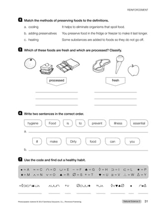 4 Match the methods of preserving foods to the definitions.
a. cooling It helps to eliminate organisms that spoil food.
b. adding preservatives You preserve food in the fridge or freezer to make it last longer.
c. heating Some substances are added to foods so they do not go off.
5 Which of these foods are fresh and which are processed? Classify.
fresh
processed
6 Write two sentences in the correct order.
hygiene Food is to prevent illness essential
a.
ill make Dirty food can you
b.
7 Use the code and find out a healthy habit.
t 5 A ≈ 5 C ∩ 5 D ∪ 5 E ∼ 5 F ♣ 5 G ◊ 5 H ⊃ 5 I ⊂ 5 L ★ 5 P
♦5 M ∧ 5 N ∨ 5 O ♠ 5 R ∅ 5 S ∗ 5 T ♥ 5 U ≅ 5 V ∴ 5 W ∆ 5 Y
≈◊⊃⊂∩♠∪∧ ∧∪∪∩ ∗∨ ∅⊂∪∪★ ∗∪∧ ◊∨♥♠∅ t ∩t∆
Natural Science 3
Photocopiable material © 2014 Santillana Educación, S.L./Richmond Publishing 31
REINFORCEMENT
 
