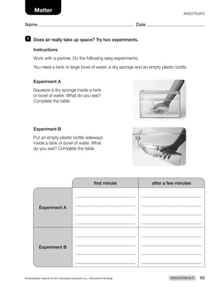 Name Date
Matter INVESTIGATE
1 Does air really take up space? Try two experiments.
Instructions
Work with a partner. Do the following easy experiments.
You need a tank or large bowl of water, a dry sponge and an empty plastic bottle.
Experiment A
Squeeze a dry sponge inside a tank
or bowl of water. What do you see?
Complete the table.
Experiment B
Put an empty plastic bottle sideways
inside a tank or bowl of water. What
do you see? Complete the table.
first minute after a few minutes
Experiment A
Experiment B
Natural Science 3
Photocopiable material © 2014 Santillana Educación, S.L./Richmond Publishing 85
 