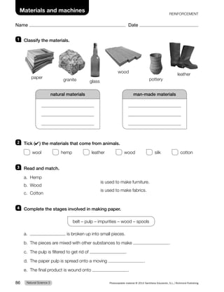 REINFORCEMENT
Name Date
Materials and machines
1 Classify the materials.
natural materials man-made materials
2 Tick (✔) the materials that come from animals.
wool hemp leather wood silk cotton
3 Read and match.
a. Hemp
b. Wood
is used to make furniture.
c. Cotton
is used to make fabrics.
4 Complete the stages involved in making paper.
belt – pulp – impurities – wood – spools
a. is broken up into small pieces.
b. The pieces are mixed with other substances to make .
c. The pulp is filtered to get rid of .
d. The paper pulp is spread onto a moving .
e. The final product is wound onto .
pottery
leather
wood
granite
paper
glass
Natural Science 3
86 Photocopiable material © 2014 Santillana Educación, S.L./Richmond Publishing
 