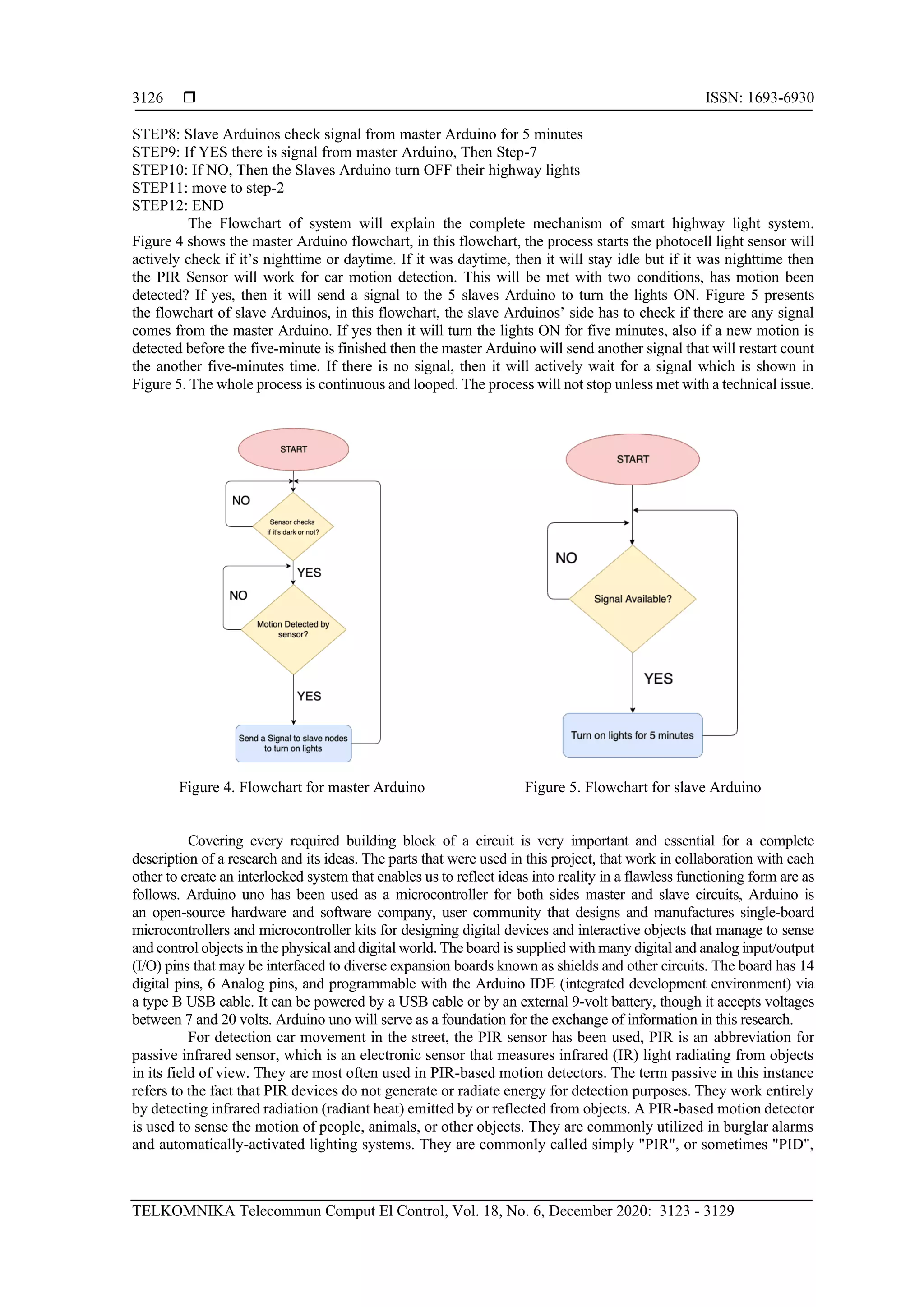  ISSN: 1693-6930
TELKOMNIKA Telecommun Comput El Control, Vol. 18, No. 6, December 2020: 3123 - 3129
3126
STEP8: Slave Arduinos check signal from master Arduino for 5 minutes
STEP9: If YES there is signal from master Arduino, Then Step-7
STEP10: If NO, Then the Slaves Arduino turn OFF their highway lights
STEP11: move to step-2
STEP12: END
The Flowchart of system will explain the complete mechanism of smart highway light system.
Figure 4 shows the master Arduino flowchart, in this flowchart, the process starts the photocell light sensor will
actively check if it’s nighttime or daytime. If it was daytime, then it will stay idle but if it was nighttime then
the PIR Sensor will work for car motion detection. This will be met with two conditions, has motion been
detected? If yes, then it will send a signal to the 5 slaves Arduino to turn the lights ON. Figure 5 presents
the flowchart of slave Arduinos, in this flowchart, the slave Arduinos’ side has to check if there are any signal
comes from the master Arduino. If yes then it will turn the lights ON for five minutes, also if a new motion is
detected before the five-minute is finished then the master Arduino will send another signal that will restart count
the another five-minutes time. If there is no signal, then it will actively wait for a signal which is shown in
Figure 5. The whole process is continuous and looped. The process will not stop unless met with a technical issue.
Figure 4. Flowchart for master Arduino Figure 5. Flowchart for slave Arduino
Covering every required building block of a circuit is very important and essential for a complete
description of a research and its ideas. The parts that were used in this project, that work in collaboration with each
other to create an interlocked system that enables us to reflect ideas into reality in a flawless functioning form are as
follows. Arduino uno has been used as a microcontroller for both sides master and slave circuits, Arduino is
an open-source hardware and software company, user community that designs and manufactures single-board
microcontrollers and microcontroller kits for designing digital devices and interactive objects that manage to sense
and control objects in the physical and digital world. The board is supplied with many digital and analog input/output
(I/O) pins that may be interfaced to diverse expansion boards known as shields and other circuits. The board has 14
digital pins, 6 Analog pins, and programmable with the Arduino IDE (integrated development environment) via
a type B USB cable. It can be powered by a USB cable or by an external 9-volt battery, though it accepts voltages
between 7 and 20 volts. Arduino uno will serve as a foundation for the exchange of information in this research.
For detection car movement in the street, the PIR sensor has been used, PIR is an abbreviation for
passive infrared sensor, which is an electronic sensor that measures infrared (IR) light radiating from objects
in its field of view. They are most often used in PIR-based motion detectors. The term passive in this instance
refers to the fact that PIR devices do not generate or radiate energy for detection purposes. They work entirely
by detecting infrared radiation (radiant heat) emitted by or reflected from objects. A PIR-based motion detector
is used to sense the motion of people, animals, or other objects. They are commonly utilized in burglar alarms
and automatically-activated lighting systems. They are commonly called simply "PIR", or sometimes "PID",
 