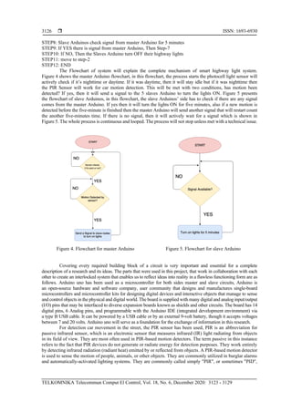  ISSN: 1693-6930
TELKOMNIKA Telecommun Comput El Control, Vol. 18, No. 6, December 2020: 3123 - 3129
3126
STEP8: Slave Arduinos check signal from master Arduino for 5 minutes
STEP9: If YES there is signal from master Arduino, Then Step-7
STEP10: If NO, Then the Slaves Arduino turn OFF their highway lights
STEP11: move to step-2
STEP12: END
The Flowchart of system will explain the complete mechanism of smart highway light system.
Figure 4 shows the master Arduino flowchart, in this flowchart, the process starts the photocell light sensor will
actively check if it’s nighttime or daytime. If it was daytime, then it will stay idle but if it was nighttime then
the PIR Sensor will work for car motion detection. This will be met with two conditions, has motion been
detected? If yes, then it will send a signal to the 5 slaves Arduino to turn the lights ON. Figure 5 presents
the flowchart of slave Arduinos, in this flowchart, the slave Arduinos’ side has to check if there are any signal
comes from the master Arduino. If yes then it will turn the lights ON for five minutes, also if a new motion is
detected before the five-minute is finished then the master Arduino will send another signal that will restart count
the another five-minutes time. If there is no signal, then it will actively wait for a signal which is shown in
Figure 5. The whole process is continuous and looped. The process will not stop unless met with a technical issue.
Figure 4. Flowchart for master Arduino Figure 5. Flowchart for slave Arduino
Covering every required building block of a circuit is very important and essential for a complete
description of a research and its ideas. The parts that were used in this project, that work in collaboration with each
other to create an interlocked system that enables us to reflect ideas into reality in a flawless functioning form are as
follows. Arduino uno has been used as a microcontroller for both sides master and slave circuits, Arduino is
an open-source hardware and software company, user community that designs and manufactures single-board
microcontrollers and microcontroller kits for designing digital devices and interactive objects that manage to sense
and control objects in the physical and digital world. The board is supplied with many digital and analog input/output
(I/O) pins that may be interfaced to diverse expansion boards known as shields and other circuits. The board has 14
digital pins, 6 Analog pins, and programmable with the Arduino IDE (integrated development environment) via
a type B USB cable. It can be powered by a USB cable or by an external 9-volt battery, though it accepts voltages
between 7 and 20 volts. Arduino uno will serve as a foundation for the exchange of information in this research.
For detection car movement in the street, the PIR sensor has been used, PIR is an abbreviation for
passive infrared sensor, which is an electronic sensor that measures infrared (IR) light radiating from objects
in its field of view. They are most often used in PIR-based motion detectors. The term passive in this instance
refers to the fact that PIR devices do not generate or radiate energy for detection purposes. They work entirely
by detecting infrared radiation (radiant heat) emitted by or reflected from objects. A PIR-based motion detector
is used to sense the motion of people, animals, or other objects. They are commonly utilized in burglar alarms
and automatically-activated lighting systems. They are commonly called simply "PIR", or sometimes "PID",
 