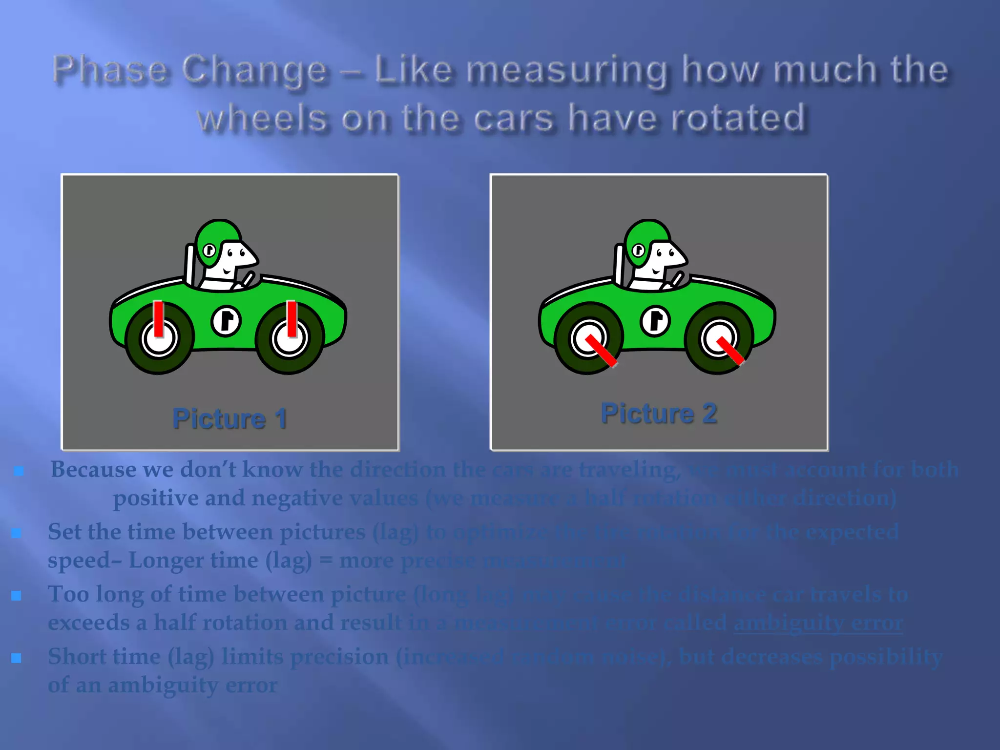  Because we don’t know the direction the cars are traveling, we must account for both
positive and negative values (we measure a half rotation either direction)
 Set the time between pictures (lag) to optimize the tire rotation for the expected
speed– Longer time (lag) = more precise measurement
 Too long of time between picture (long lag) may cause the distance car travels to
exceeds a half rotation and result in a measurement error called ambiguity error
 Short time (lag) limits precision (increased random noise), but decreases possibility
of an ambiguity error
Picture 1 Picture 2
 
