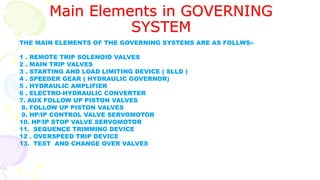Main Elements in GOVERNING
SYSTEM
THE MAIN ELEMENTS OF THE GOVERNING SYSTEMS ARE AS FOLLWS:-
1 . REMOTE TRIP SOLENOID VALVES
2 . MAIN TRIP VALVES
3 . STARTING AND LOAD LIMITING DEVICE ( SLLD )
4 . SPEEDER GEAR ( HYDRAULIC GOVERNOR)
5 . HYDRAULIC AMPLIFIER
6 . ELECTRO-HYDRAULIC CONVERTER
7. AUX FOLLOW UP PISTON VALVES
8. FOLLOW UP PISTON VALVES
9. HP/IP CONTROL VALVE SERVOMOTOR
10. HP/IP STOP VALVE SERVOMOTOR
11. SEQUENCE TRIMMING DEVICE
12 . OVERSPEED TRIP DEVICE
13. TEST AND CHANGE OVER VALVES
 