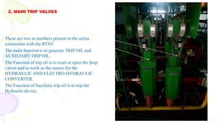 2. MAIN TRIP VALVES
Cont
These are two in numbers present in the series
connection with the RTSV.
The main function is to generate TRIP OIL and
AUXILIARY TRIP OIL.
The Function of trip oil is to reset or open the Stop
valves and to work as the source for the
HYDRAULIC AND ELECTRO-HYDRAULIC
CONVERTER.
The Function of Auxiliary trip oil is to trip the
Hydraulic device.
 