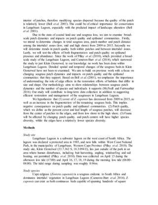 interior of patches, therefore modifying species dispersal because the quality of the patch
is relatively lower (Bell et al. 2001). This could be of critical importance for conservation
in Langebaan Lagoon, especially with the predicted impact of landscape alteration (Bell
et al. 2001).
Due to the state of coastal land-use and seagrass loss, we aim to examine broad-
scale patch dynamics and impacts on patch quality and epifaunal communities. Firstly,
we intend to determine changes in total seagrass area, patch number and patch distance
among the intertidal zones (low, mid and high shore) from 2009 to 2015. Secondly we
will determine trends in patch quality both within patches and between intertidal zones.
Lastly, we will test the effects of both fragmentation and patch quality on epifaunal
presence and abundance. Since the work of Pillay et al. (2010), which provided a broad-
scale study of the Langebaan Lagoon, and Cameron-Burr et al. (2014), which narrowed
the study to just Klein Oesterwal, to our knowledge no work has been done within
Langebaan Lagoon. Detailed spatial and temporal changes of the seagrass beds in Klein
Oesterwal have not been re-examined. We aim to build on previous work with a focus on
changing seagrass patch dynamics and impacts on patch quality and the epifaunal
communities that they support. Based on Bell et al. (2001), we emphasize the importance
of understanding the role of edge effects in the restoration efforts of habitats that differ in
size and shape. Our methodology aims to show relationships between seagrass patch
dynamics and the number of species and individuals it supports (McNeill and Fairweather
2016). Our study will contribute to long-term data collection in addition to suggesting
efficient restoration and management of the seagrasses in Langebaan Lagoon.
We hypothesize that (1) cover of Z. capensis has decreased from 2009 to 2015, as
well as an increase in the fragmentation of the remaining seagrass beds. This implies
negative consequences on patch quality and epifaunal communities. (2) Patch quality,
which we define as the percent cover and leaf length of seagrass patches, will decrease
from the center of patches to the edges, and from low shore to the high shore. (3) Fauna
will be affected by changing patch quality, and patch centers will have higher species
diversity, whilst the edges have a relatively lower species diversity.
Methods
Study site
Langebaan Lagoon is a saltwater lagoon on the west coast of South Africa. The
lagoon was declared a protected area in 1985, and now falls within West Coast National
Park, in the municipality of Langebaan, Western Cape Province (Pillay et al. 2010). The
study site, Klein Oesterwal (33.7.362 S, 18.3.094 E), lies just outside of the park in an
area where human disturbance, including bait harvesting, angling, windsurfing and sail
boating, are permitted (Pillay et al. 2010). Data was collected on April 15 during the
afternoon low tide (17:00) and April 16, 17, 18, 19 during the morning low tide (06:00-
08:00). The tidal range during sampling was roughly 0.96m.
Study species
Cape eelgrass (Zostera capensis) is a seagrass endemic to South Africa and
dominates intertidal vegetation in Langebaan Lagoon (Cameron-Burr et al. 2014). Z.
capensis can exist as both continuous beds capable of spanning hundreds of square
 