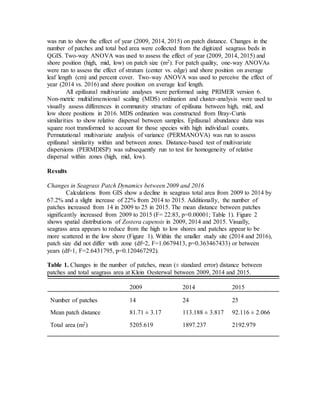 was run to show the effect of year (2009, 2014, 2015) on patch distance. Changes in the
number of patches and total bed area were collected from the digitized seagrass beds in
QGIS. Two-way ANOVA was used to assess the effect of year (2009, 2014, 2015) and
shore position (high, mid, low) on patch size (m2). For patch quality, one-way ANOVAs
were ran to assess the effect of stratum (center vs. edge) and shore position on average
leaf length (cm) and percent cover. Two-way ANOVA was used to perceive the effect of
year (2014 vs. 2016) and shore position on average leaf length.
All epifaunal multivariate analyses were performed using PRIMER version 6.
Non-metric multidimensional scaling (MDS) ordination and cluster-analysis were used to
visually assess differences in community structure of epifauna between high, mid, and
low shore positions in 2016. MDS ordination was constructed from Bray-Curtis
similarities to show relative dispersal between samples. Epifaunal abundance data was
square root transformed to account for those species with high individual counts.
Permutational multivariate analysis of variance (PERMANOVA) was run to assess
epifaunal similarity within and between zones. Distance-based test of multivariate
dispersions (PERMDISP) was subsequently run to test for homogeneity of relative
dispersal within zones (high, mid, low).
Results
Changes in Seagrass Patch Dynamics between 2009 and 2016
Calculations from GIS show a decline in seagrass total area from 2009 to 2014 by
67.2% and a slight increase of 22% from 2014 to 2015. Additionally, the number of
patches increased from 14 in 2009 to 25 in 2015. The mean distance between patches
significantly increased from 2009 to 2015 (F= 22.83, p=0.00001; Table 1). Figure 2
shows spatial distributions of Zostera capensis in 2009, 2014 and 2015. Visually,
seagrass area appears to reduce from the high to low shores and patches appear to be
more scattered in the low shore (Figure 1). Within the smaller study site (2014 and 2016),
patch size did not differ with zone (df=2, F=1.0679413, p=0.363467433) or between
years (df=1, F=2.6431795, p=0.120467292).
Table 1. Changes in the number of patches, mean (± standard error) distance between
patches and total seagrass area at Klein Oesterwal between 2009, 2014 and 2015.
2009 2014 2015
Number of patches 14 24 25
Mean patch distance 81.71 ± 3.17 113.188 ± 3.817 92.116 ± 2.066
Total area (m2) 5205.619 1897.237 2192.979
 