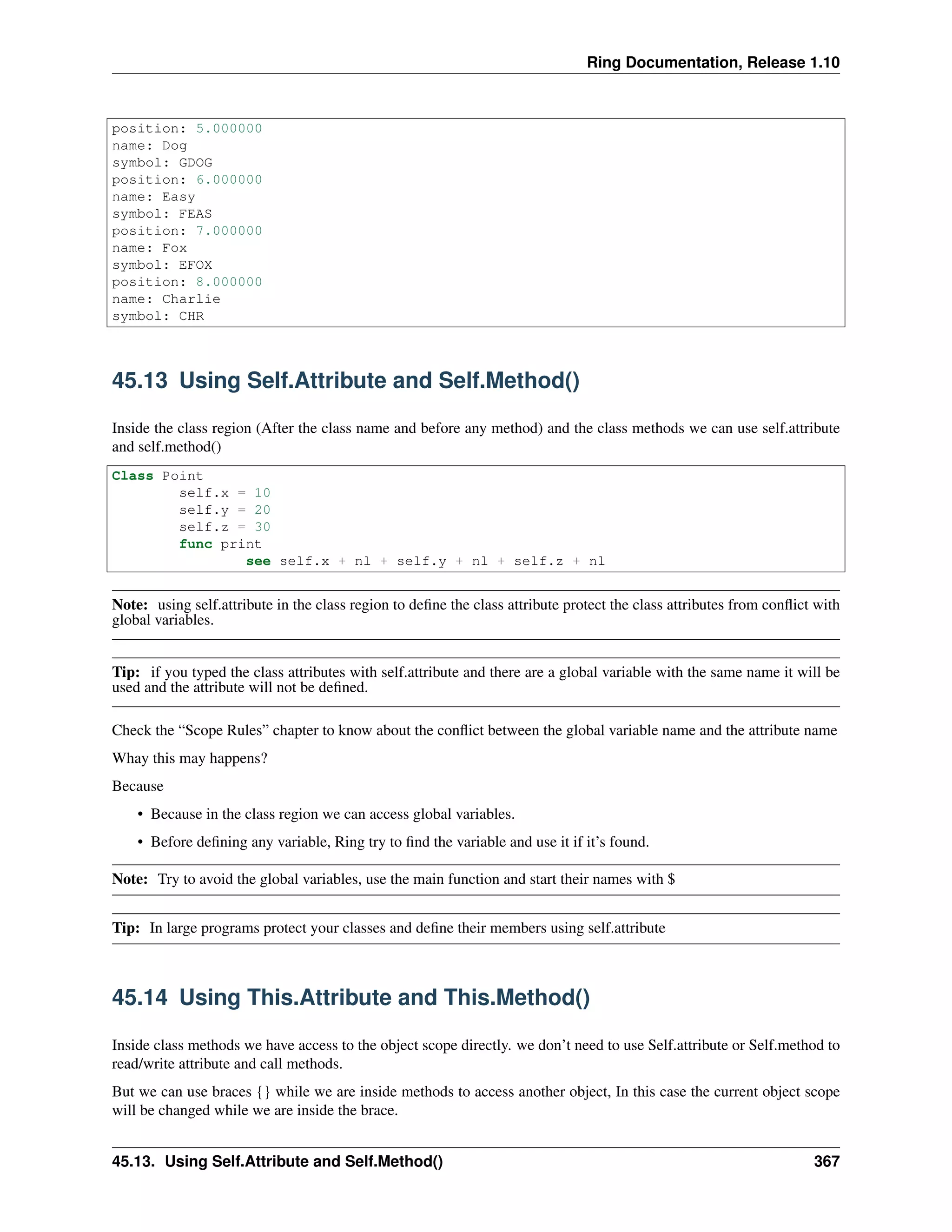 Ring Documentation, Release 1.10
position: 5.000000
name: Dog
symbol: GDOG
position: 6.000000
name: Easy
symbol: FEAS
position: 7.000000
name: Fox
symbol: EFOX
position: 8.000000
name: Charlie
symbol: CHR
45.13 Using Self.Attribute and Self.Method()
Inside the class region (After the class name and before any method) and the class methods we can use self.attribute
and self.method()
Class Point
self.x = 10
self.y = 20
self.z = 30
func print
see self.x + nl + self.y + nl + self.z + nl
Note: using self.attribute in the class region to deﬁne the class attribute protect the class attributes from conﬂict with
global variables.
Tip: if you typed the class attributes with self.attribute and there are a global variable with the same name it will be
used and the attribute will not be deﬁned.
Check the “Scope Rules” chapter to know about the conﬂict between the global variable name and the attribute name
Whay this may happens?
Because
• Because in the class region we can access global variables.
• Before deﬁning any variable, Ring try to ﬁnd the variable and use it if it’s found.
Note: Try to avoid the global variables, use the main function and start their names with $
Tip: In large programs protect your classes and deﬁne their members using self.attribute
45.14 Using This.Attribute and This.Method()
Inside class methods we have access to the object scope directly. we don’t need to use Self.attribute or Self.method to
read/write attribute and call methods.
But we can use braces {} while we are inside methods to access another object, In this case the current object scope
will be changed while we are inside the brace.
45.13. Using Self.Attribute and Self.Method() 367
 