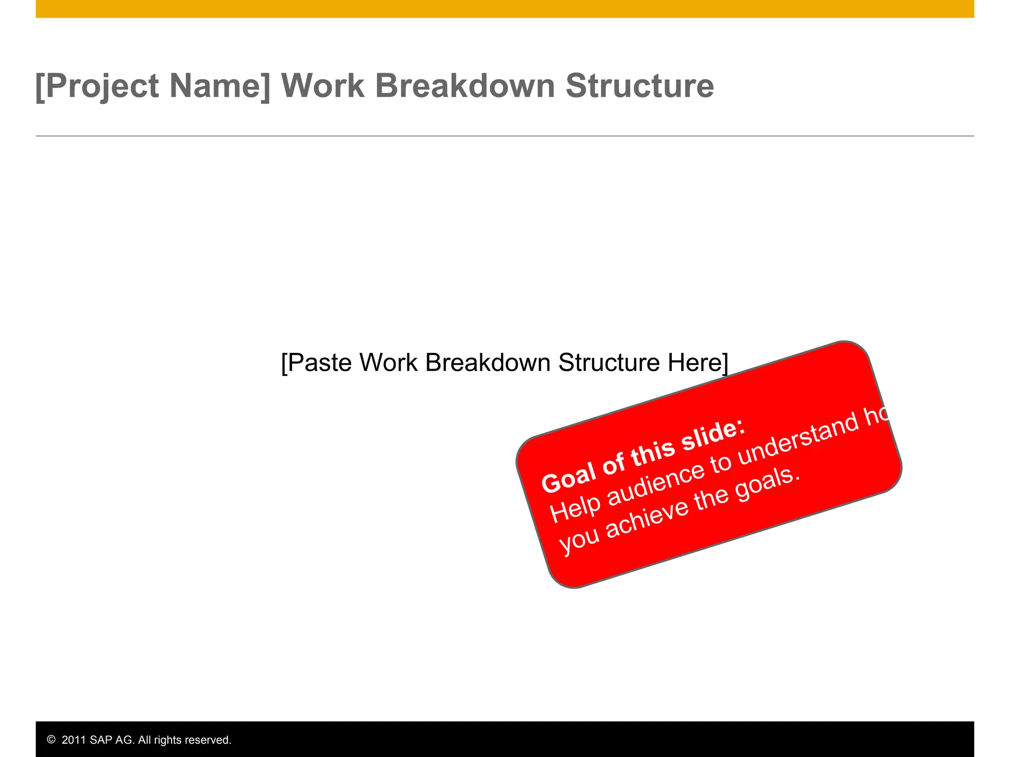 © 2011 SAP AG. All rights reserved. 7
[Project Name] Work Breakdown Structure
[Paste Work Breakdown Structure Here]
Goal of this slide:
Help audience to understand how
you achieve the goals.
 